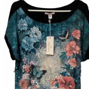 Anna Field Colorful Floral Front Dress Solid Black Back Short Raglan Sleeves 44*
